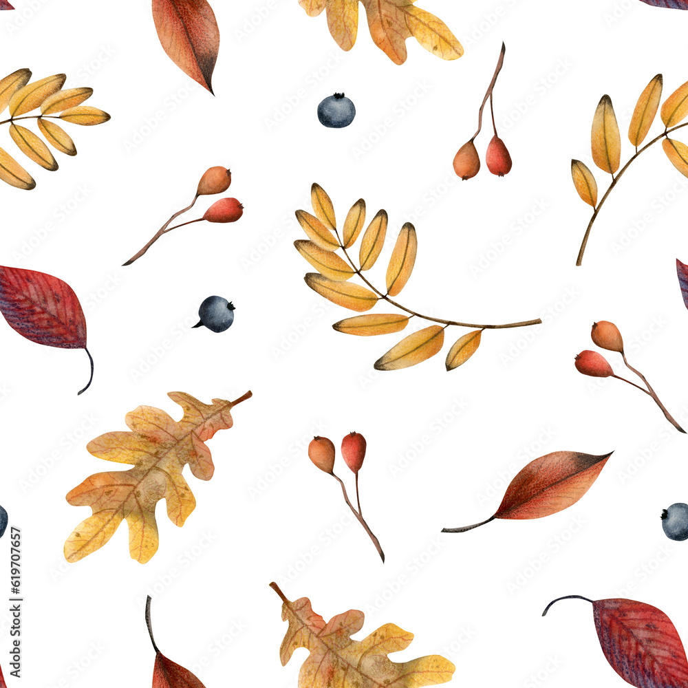 Fototapeta premium Yellow and red fall leaves and berries seamless pattern on white. Autumn botanical watercolor background illustration with hand drawn plants for fabrics and textiles