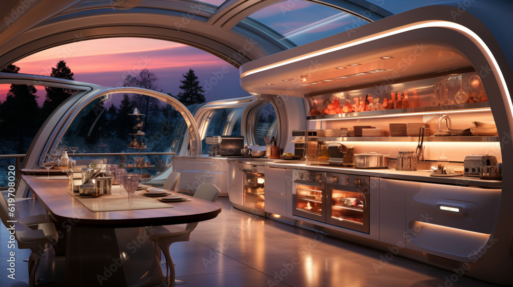 Futuristic kitchen in forest