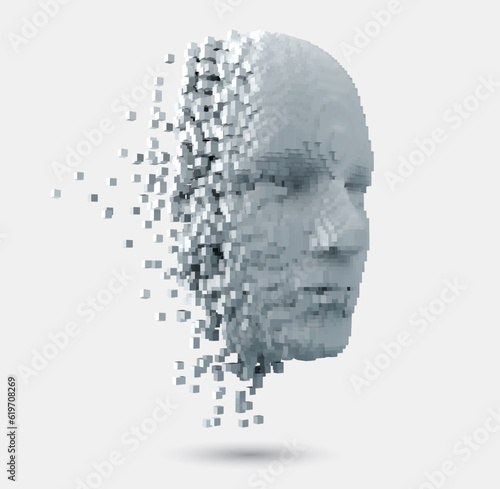 Vector abstract disintegrating human face.  3D illustration of a human head constructed by cubes. Visual representation of identity  created by artificial intelligence. Machine learning concept.
