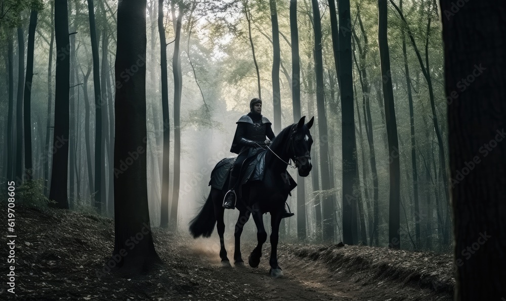 Horse rider with armor in a dense forest Creating using generative AI tools