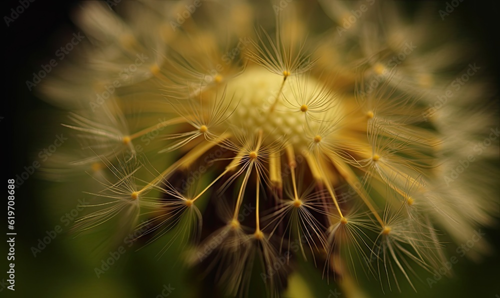 Macro shot of a dandelion head with fluffy white seeds blowing in the wind. Creating using generative AI tools Macro shot of a dandelion head with fluffy white seeds blowing in the wind. Creating using generative AI tools