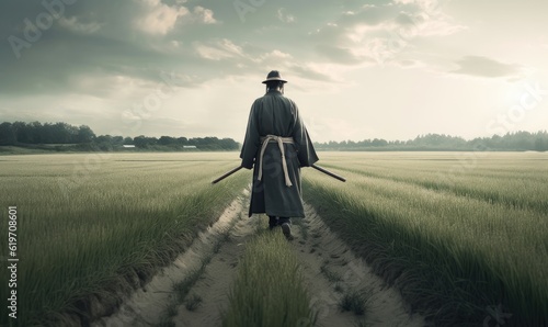 Alone in the field, samurai grips his katana Creating using generative AI tools
