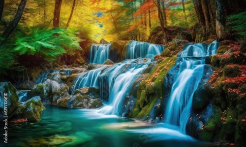A kaleidoscope of colors in a cascading waterfall scene. Creating using generative AI tools