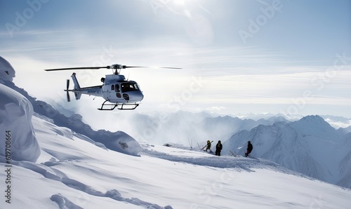 Helicopter departure of freeriders from snowy mountain summit. Creating using generative AI tools