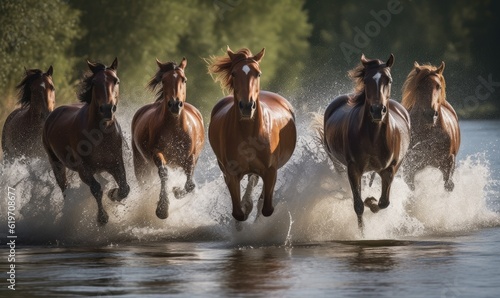 Equestrians crossing river on horseback Creating using generative AI tools © uhdenis