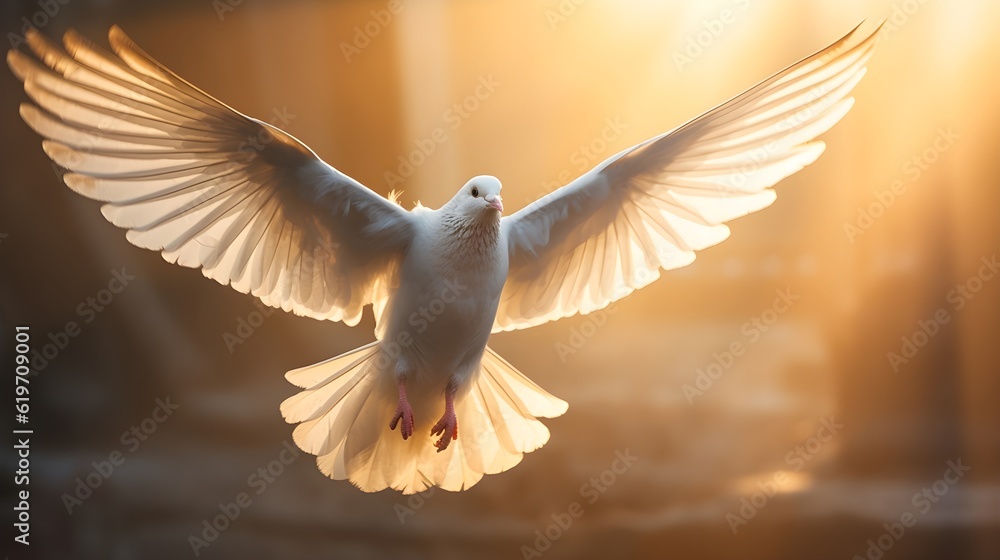 Obraz premium Majestic white pigeon flying with it's wings open in morning with sunlight in background. Pigeon, majestic, wings, fly. Created with Generative AI Technology. 