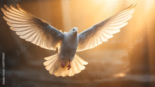 Majestic white pigeon flying with it s wings open in morning with sunlight in background. Pigeon  majestic  wings  fly. Created with Generative AI Technology. 