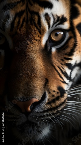 Beautiful photo of closeup of eyes of a majestic royal bengal tiger. Tiger  majestic beast  eyes  beautiful. Created with Generative AI Technology. 