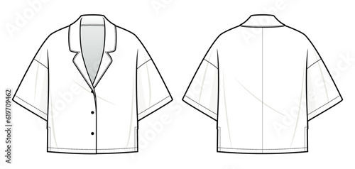 oversized Short Sleeve Pajama top technical fashion illustration. cropped Pajama top template vector illustration. front and back view. white color. women, CAD mock-up. 