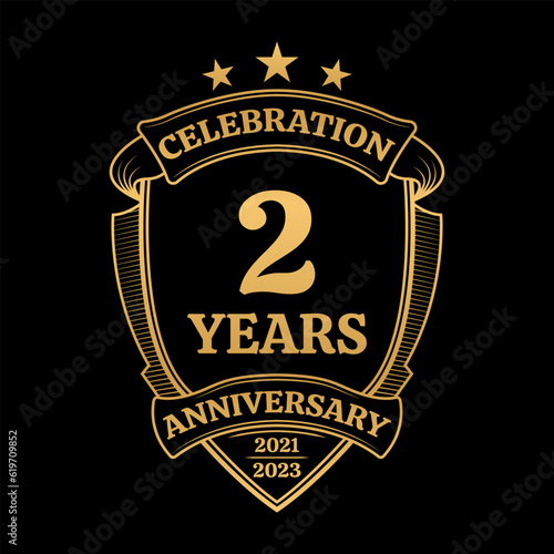 2 year anniversary icon or logo. 2nd jubilee celebration, business company birthday badge or label. Vintage banner with shield and ribbon. Wedding, invitation design element. Vector illustration.