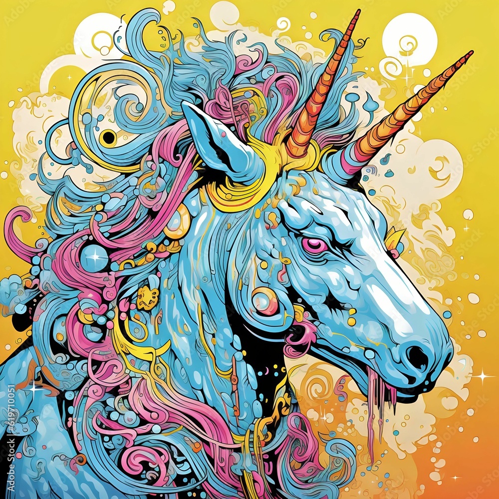 Using psychedelic Blue and Yellow, create a bold, graphic illustration of a Fantastical Unicorn / Generative AI