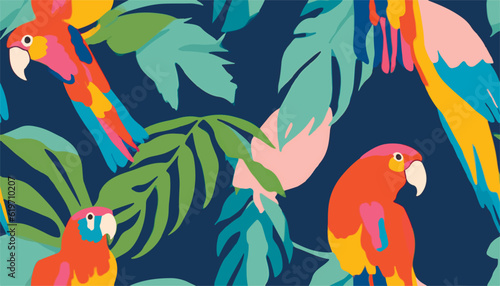 Abstract artistic print with various leaves and parrots. Modern hand drawn collage contemporary seamless pattern.
