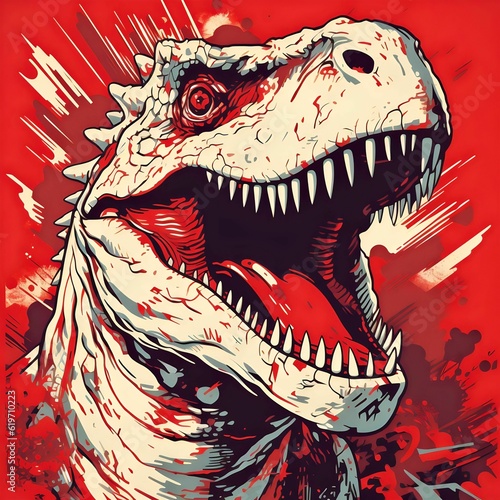 Using psychedelic Red and White, create a bold, graphic illustration of an Extraordinary Dinosaur / Generative AI © CoffeeeCraze
