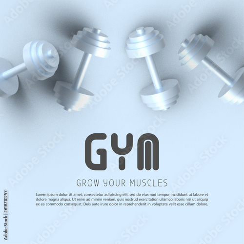 Banner with barbells dumbbells fitness realistic three-dimensional composition, crossfit logo