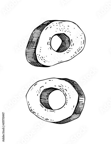 Slice of big marrowbone with meat sketch. Cooked bone isolated on white background. Hand drawn healthy food illustration for butchery, recipes, menu in vintage style.