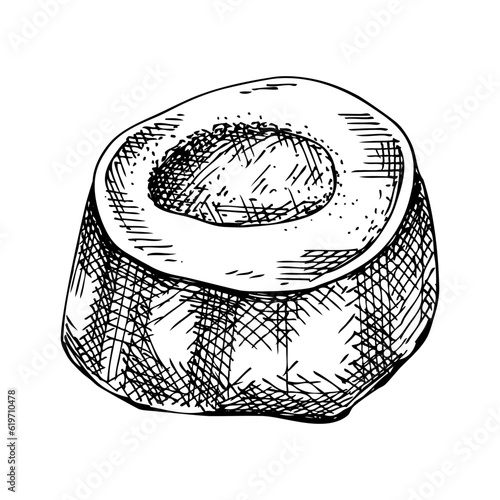 Slice of big marrowbone with meat sketch. Cooked bone isolated on white background. Hand drawn healthy food illustration for butchery, recipes, menu in vintage style.