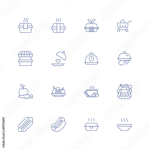 Food line icon set on transparent background with editable stroke. Containing food box, food cart, food stand, food tray, fruit, green tea, groceries, hot dog, hot food.