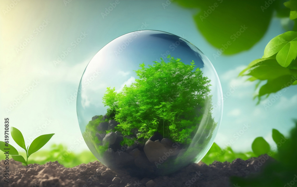 Globe Glass with green little plant, Generative AI Illustration. Globe Glass with green little plant, Generative AI Illustration.