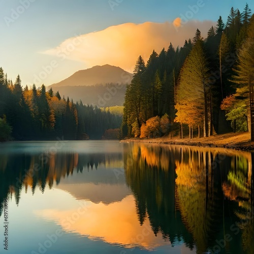 Peaceful landscape, sunrise over lake