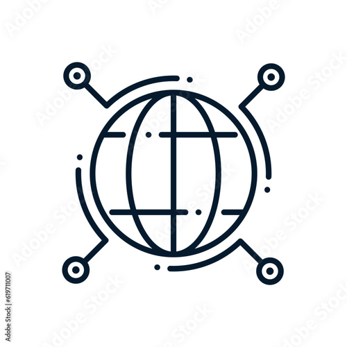 Distribution concept, multinational company. Vector linear icon isolated on white background.