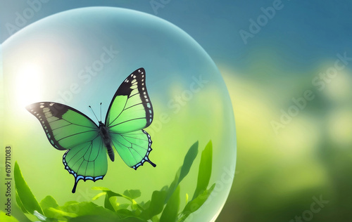 Globe Glass with green butterfly, Generative AI Illustration. © Creative_Bringer