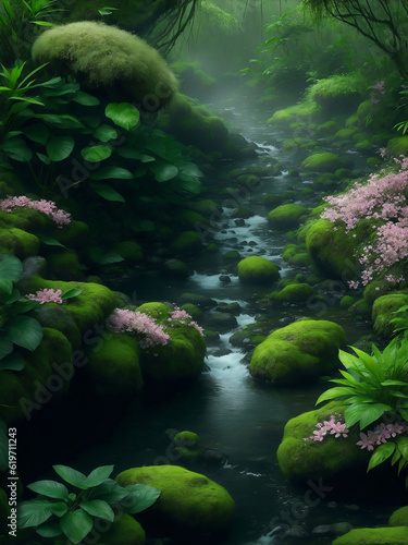 A river in forest with many plants  Generative AI Illustration.