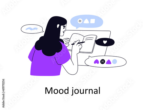 Taking records, notes in mood journal. Woman writing thoughts, tracking emotions, mental health in diary. Self-help, psychology concept. Flat vector illustration isolated on white background