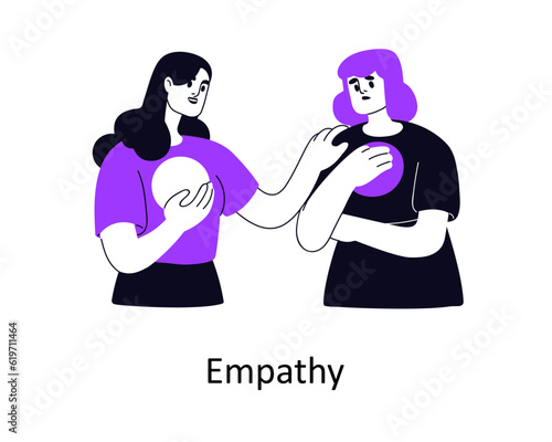 Empathy, support and compassion, psychology help concept. Woman comforting friend, caring, feeling sympathy, understanding emotions, problem. Flat vector illustration isolated on white background
