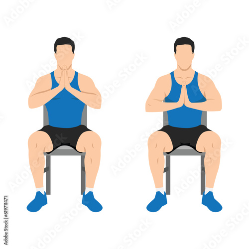 Man doing seated Arm Prayer Stretch exercise. Flat vector illustration isolated on white background