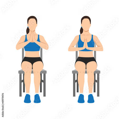 Woman doing seated Arm Prayer Stretch exercise. Flat vector illustration isolated on white background