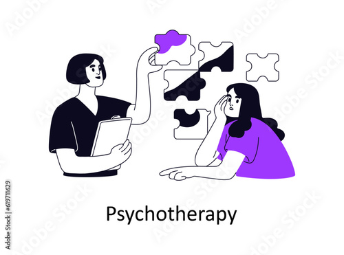 Psychotherapy, psychology concept. Mental session with psychotherapist, psychiatrist. Psychologist helps solve psychological problem of patient. Flat vector illustration isolated on white background