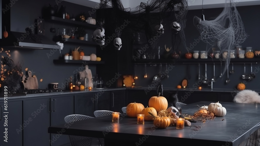 Generative AI, kitchen decor for halloween, pumpkin lanterns, cobwebs, skulls, black background, all saints day, do-it-yourself autumn interior, background for advertising, dining table, house Generative AI, kitchen decor for halloween, pumpkin lanterns, cobwebs, skulls, black background, all saints day, do-it-yourself autumn interior, background for advertising, dining table, house