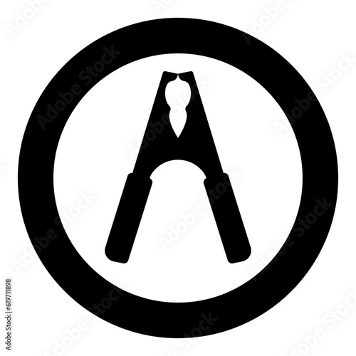 Electrical clip terminal to battery car crocodile shape icon in circle round black color vector illustration image solid outline style