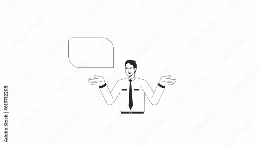 Salesman explaining bw animation. Animated character young male speaker talking. Monochrome 2D flat outline cartoon 4K video, white background, alpha channel transparency for web design Salesman explaining bw animation. Animated character young male speaker talking. Monochrome 2D flat outline cartoon 4K video, white background, alpha channel transparency for web design