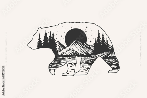 Silhouete image of walking bear with forest landscape on body. The big moon rises over forest and mountains. Wildlife and forest symbol on light background. Vector illustra􀆟on for your design.