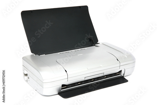 Printer for printing documents using a cartridge isolated on a white background. Gray printer on a white background without paper