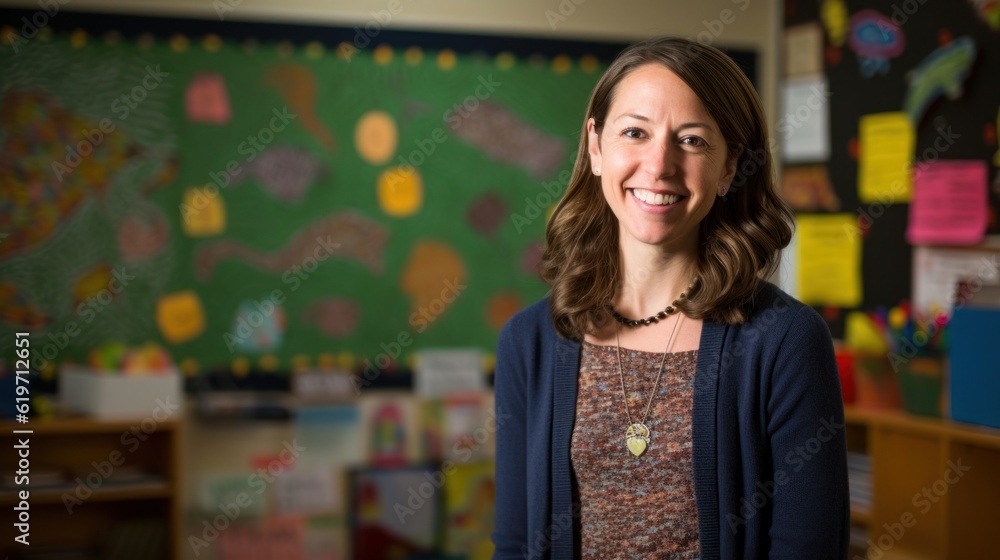 Happy smiling middle aged woman elementary or junior school female teacher standing in the classroom looking at the camera. Generative Ai. Happy smiling middle aged woman elementary or junior school female teacher standing in the classroom looking at the camera. Generative Ai.