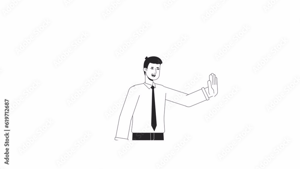 Office man celebrating bw animation. Animated character male employee with high 5. Monochrome 2D flat outline cartoon 4K video, white background, alpha channel transparency for web design Office man celebrating bw animation. Animated character male employee with high 5. Monochrome 2D flat outline cartoon 4K video, white background, alpha channel transparency for web design