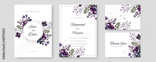 Floral wedding invitation template set with watercolor roses and leaves decoration. Botanic card design concept