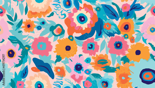 Cute colorful hand drawn artistic flowers neckerchief print. Modern cartoon style. Fashionable template for design.