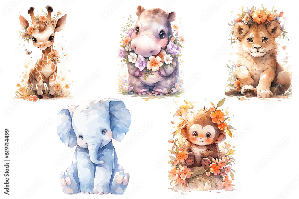 Set of cute baby woodland animals lion, hippopotamus, elephant, monkey ...
