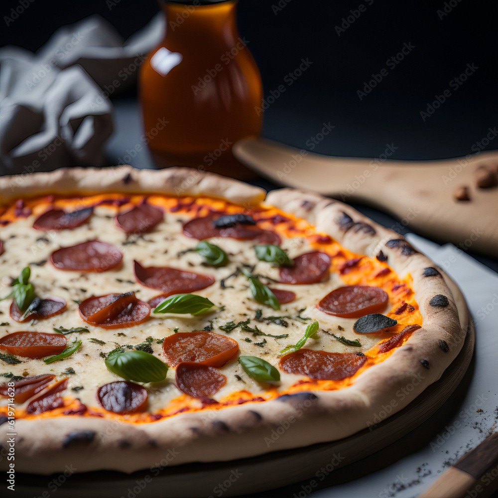 Pizza salame piccante, basilico, mozzarella Pizza salame piccante, basilico, mozzarella