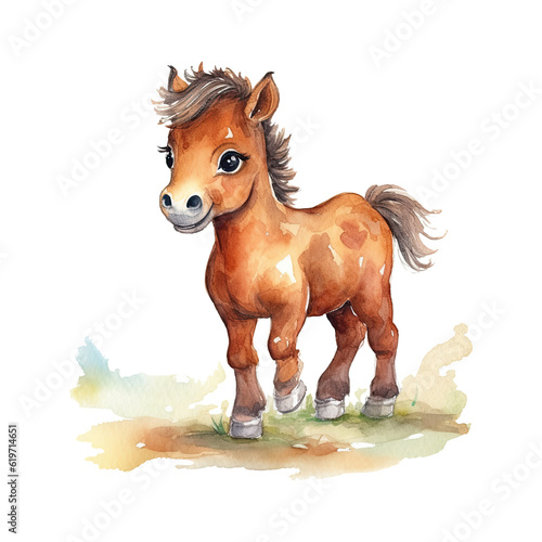 Watercolor cute little horse. Happy farm animal cartoon illustration. Generative AI © 7AM