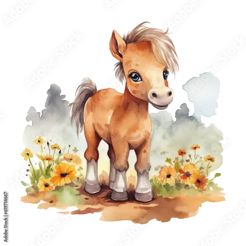 Fototapeta samoprzylepna Akwarela, kucyk. Wygenerowane przez sztuczną inteligencję