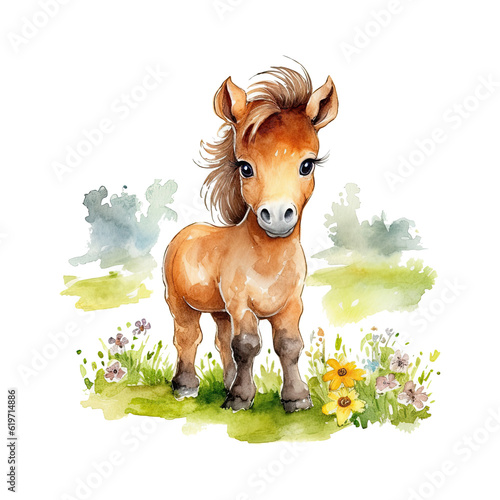 Watercolor cute little horse. Happy farm animal cartoon illustration. Generative AI