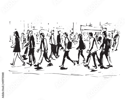 vector illustration: crowd of people walking along city street. Sketch made with marker and watercolor