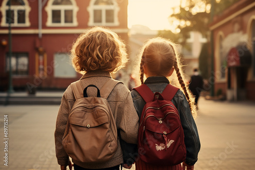 two first graders go to enrollment on their first day at school. Education and start into a new future. Wallpaper and poster for news articles.