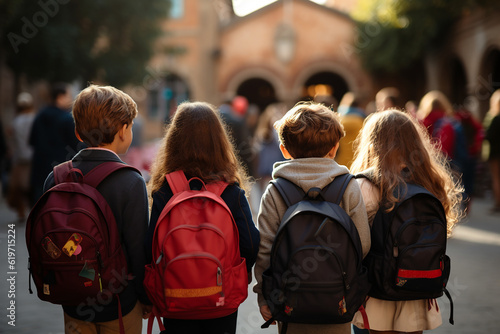 A group of first graders go to enrollment on their first day at school. Education and start into a new future. Wallpaper and poster for news articles.