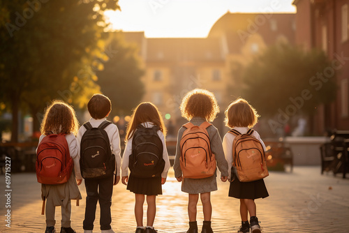 A group of first graders go to enrollment on their first day at school. Education and start into a new future. Wallpaper and poster for news articles.