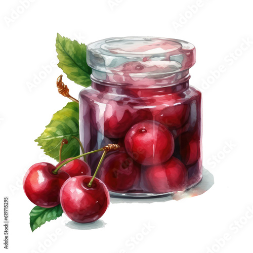 Watercolor illustration Cherry jam in a jar
